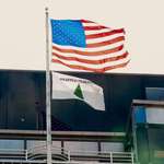 image for An "Appeal to heaven" flag being flown on top of the Small Business Association Government building.