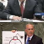 image for Netanyahu (2002 / 2012) announcing that lran is (2 years / less than a year) away from having nukes.