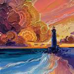 image for I painted a lighthouse at sunset, and the sky decided to join the party. (OC)