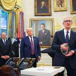 image for Billionaire Tim Cook aka Tim Apple giving the US President an Apple plaque with a 24-karat gold base