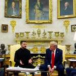 image for President Zelensky standing out amongst the gold in his all black suit at the White House