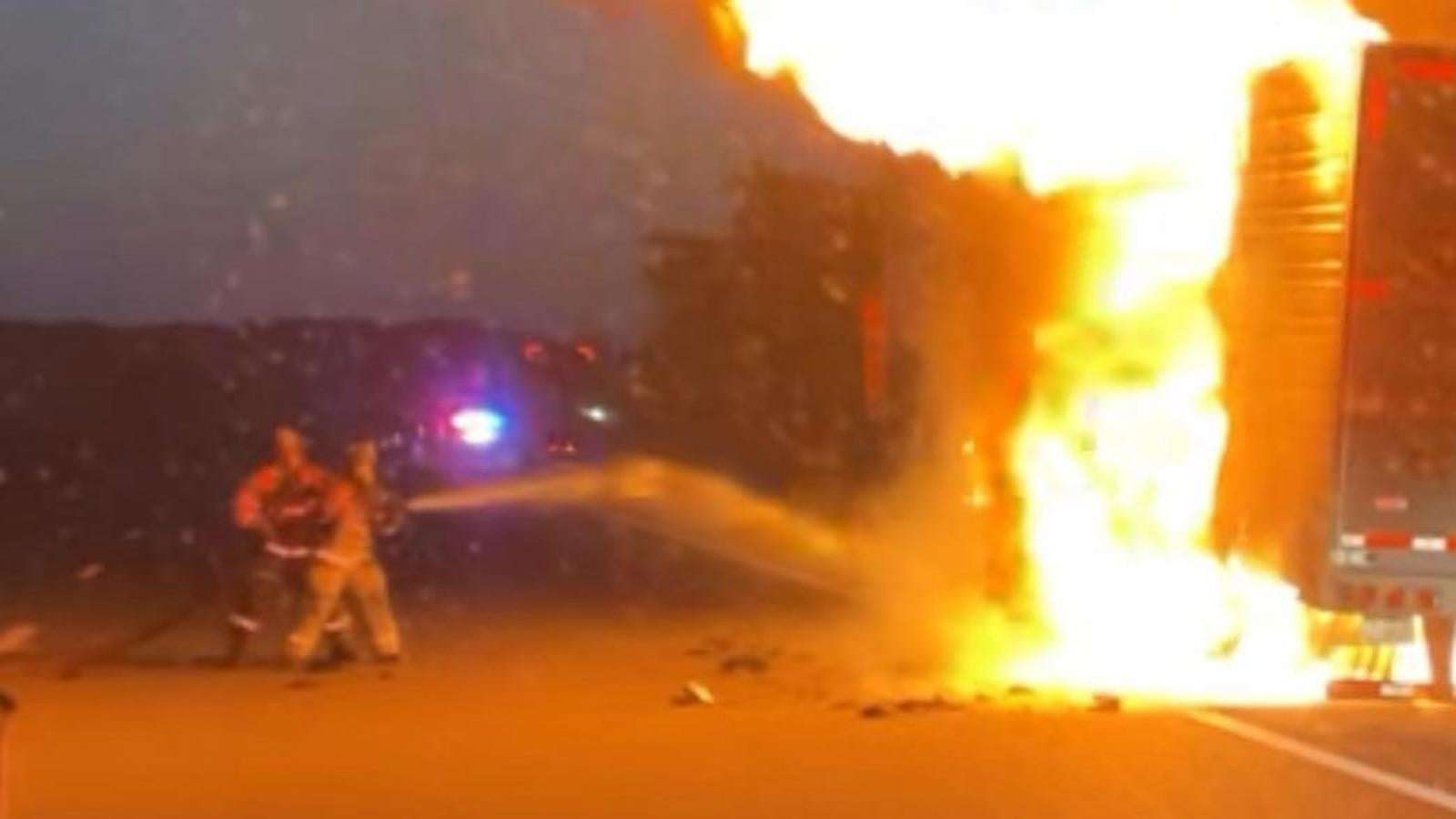 image for 20 tons of ribeye steaks go up in flames on side of highway in tractor trailer fire