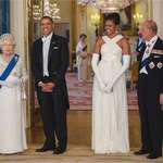 image for Queen Elizabeth II hosts the Obamas in 2011 at a Buckingham Palace state dinner [Getty]