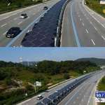 image for Highway in South Korea. Solar panels in the middle, with a cycle path underneath.