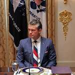 image for Pete Hegseth at the meeting with Zelenskiy wearing a tie with the colors of a russian flag