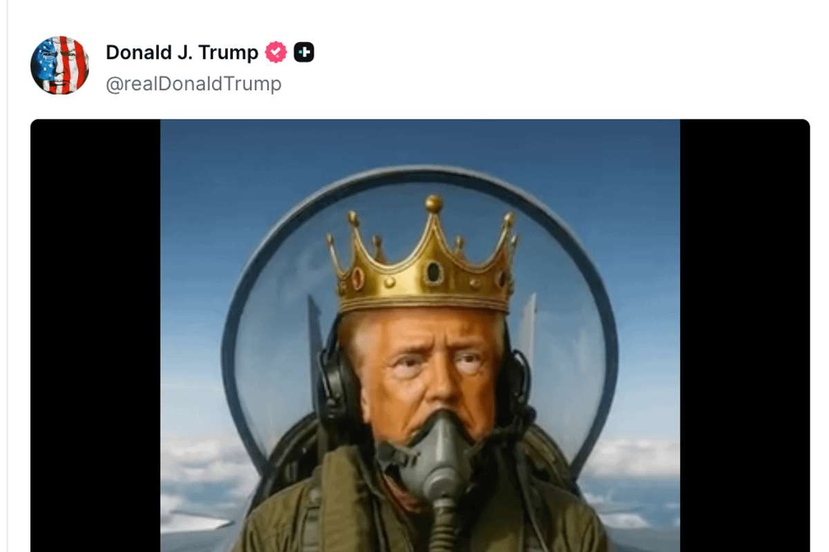 image for Trump posts AI video of himself flying KING TRUMP jet and bombing protesters with brown liquid