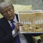 image for President Trump with picture of his $300 million Ballroom that will be bigger than the White House