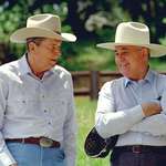image for Ronald Reagan and former leader of the USSR Mikhail Gorbachev at Reagan's California ranch.