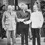 image for Winston Churchill, President Truman and Joseph Stalin shaking hands at the Potsdam Conference (1945)