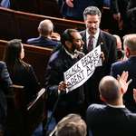 image for “Black people aren’t apes” sign held by Rep. Al Green as he is escorted out