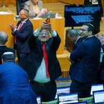 image for MK Itamar Ben-Gvir, who heads the "Jewish Power" Party and who was convicted on the charge of supporting a terrorist organization pops champagne upon the successful passage of the Death Penalty for Terrorists bill. March 30th 2026