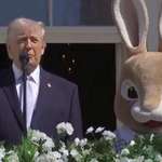 image for Person dressed as Easter Bunny listens to POTUS threaten Iran at the White House Easter celebration.