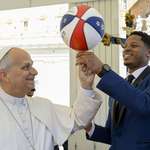 image for Pope Leo spins a basketball with the Harlem Globetrotters
