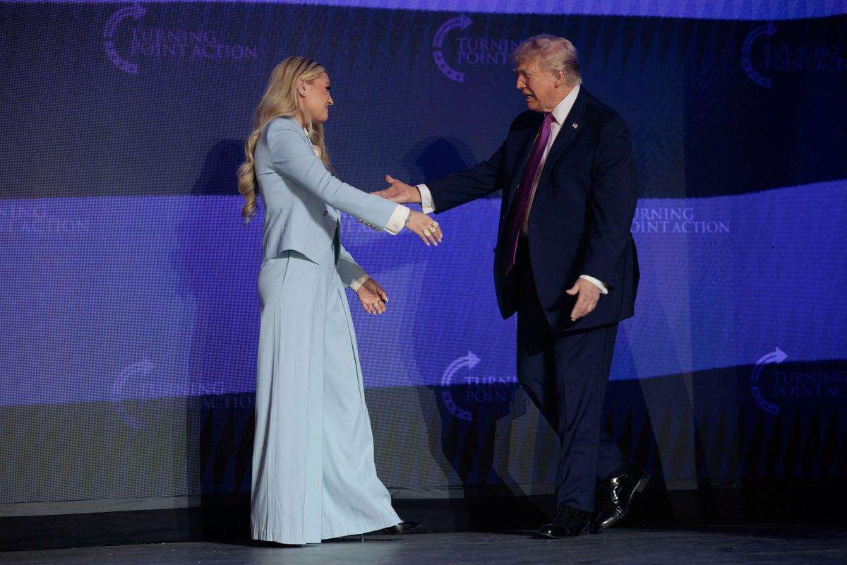 image for Erika Kirk introduces Trump at Turning Point rally days after skipping Vance event over ‘serious threats’
