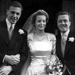 image for David Attenborough on his wedding day in 1950, with his wife Jane and his brother Richard